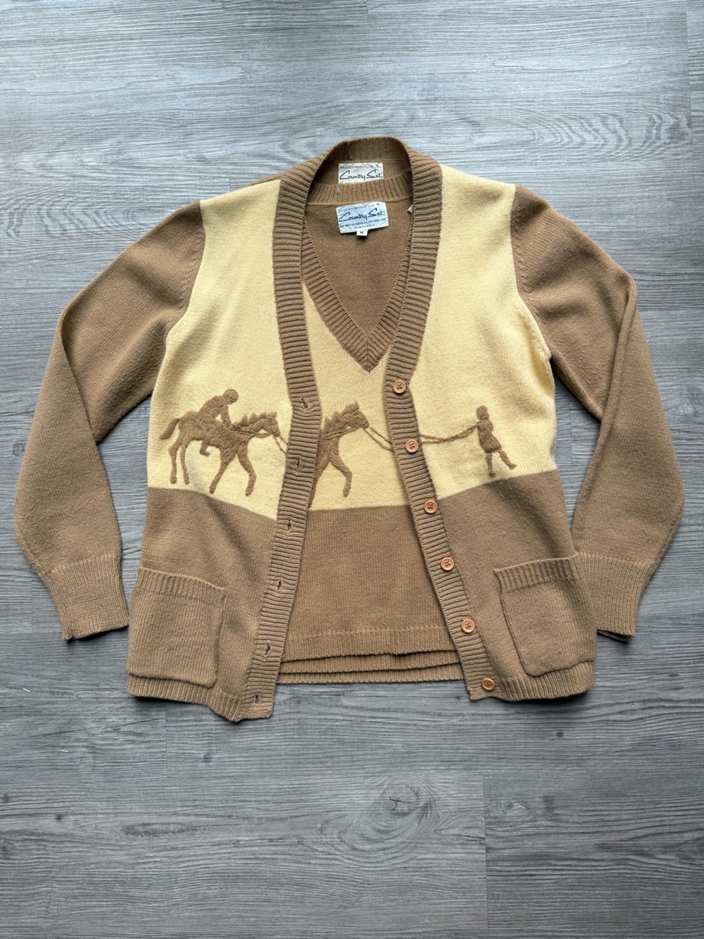 Country Set Cardigan Vest Set Womens M Brown Equestrian Vintage 70s